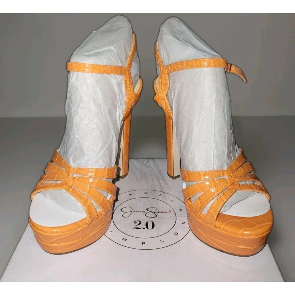 Jessica Simpson Itzari Platform Sandals Orange Croc Strappy Heels 9.5M New Box
